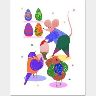 Cute mouse decorating easter eggs for cute birds, version 1 Posters and Art